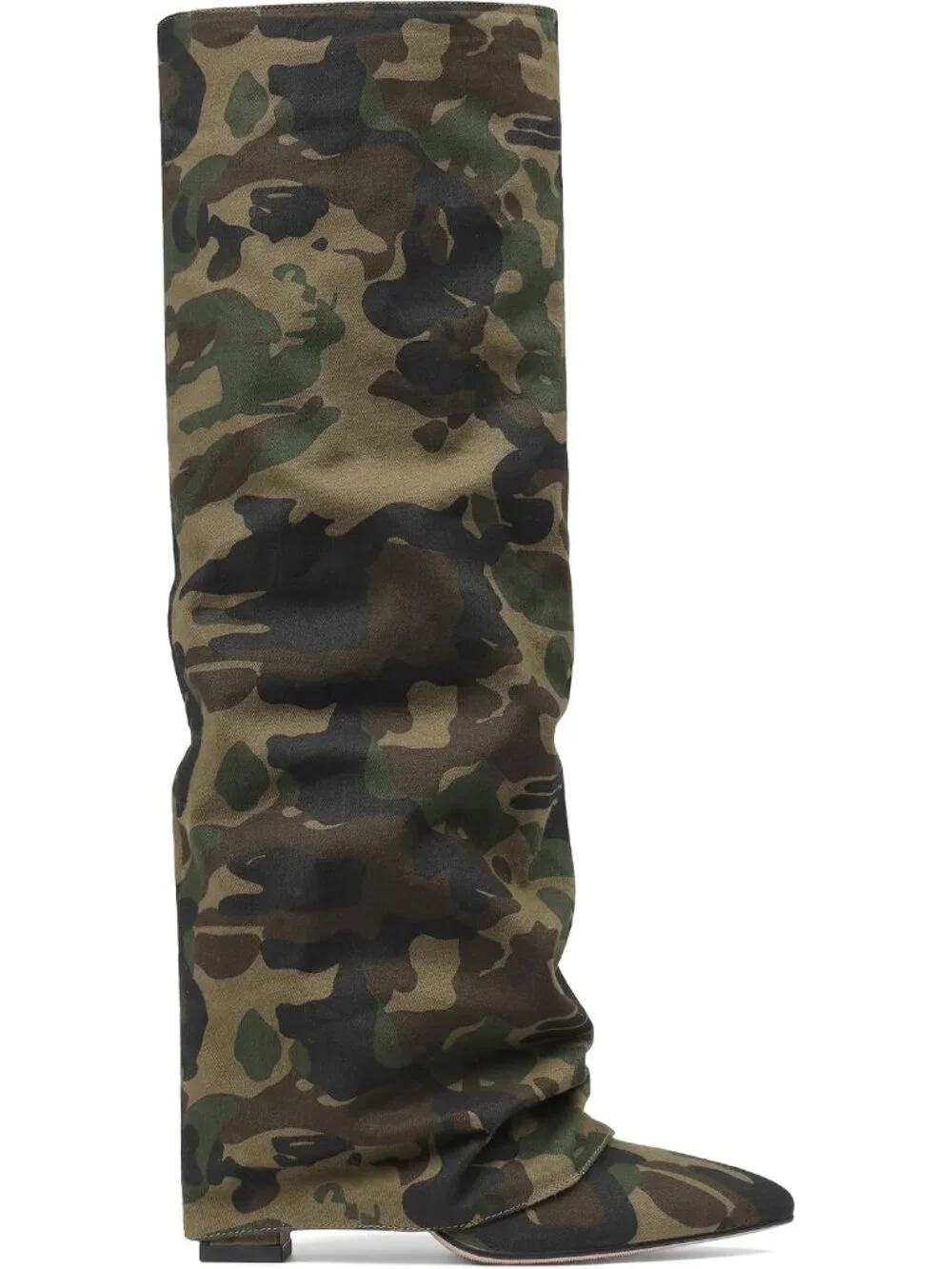 Women's Camoflage Pointed Toe Fold Over Chunky Block Heel Slouchy Knee High Boot